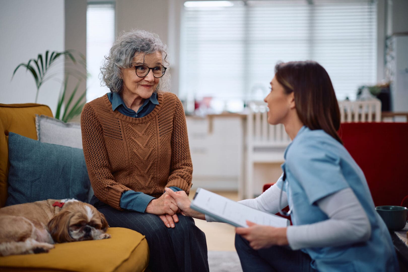 Happy senior woman talking to a caretaker who is visiting her at home.